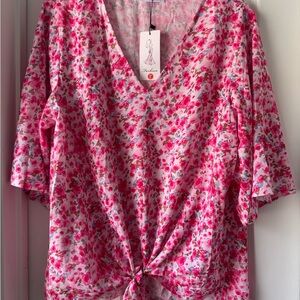 Pink Bell Sleeve Blouse with Tie Front